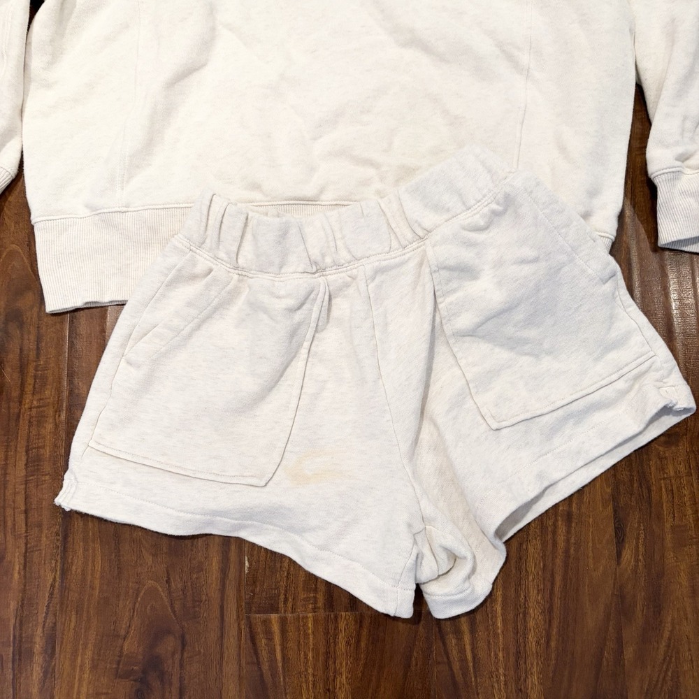 Aerie Matching Lounge Set Oversized Sweatshirt Fleece Shorts Beige 2 Piece S - Picture 3 of 8